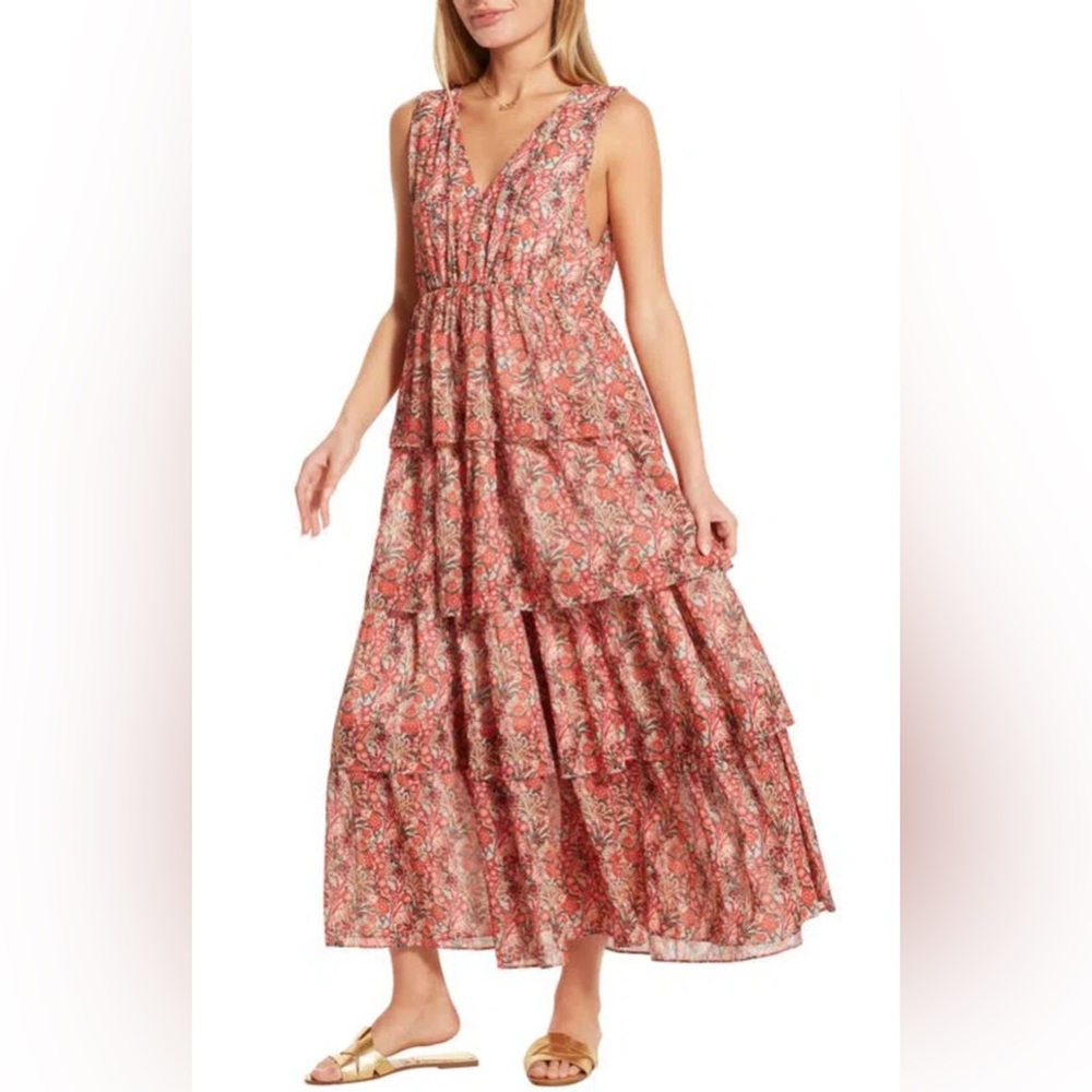 Floral Sleeveless Tiered Maxi Dress Womens Multicolor S Lightweight Boho Style
